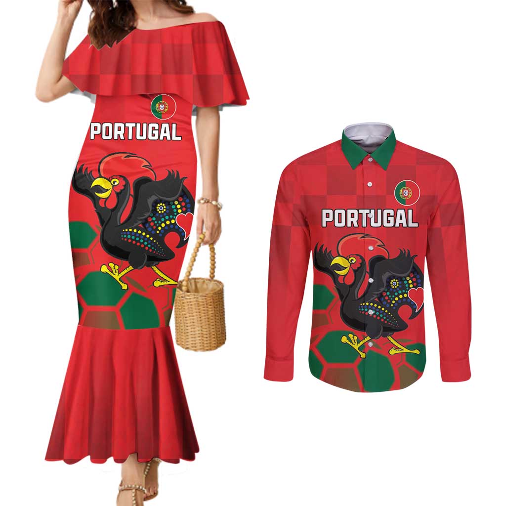 Custom Portugal Football Couples Matching Mermaid Dress and Long Sleeve Button Shirt Barcelos Rooster Mascot Dynamic Style