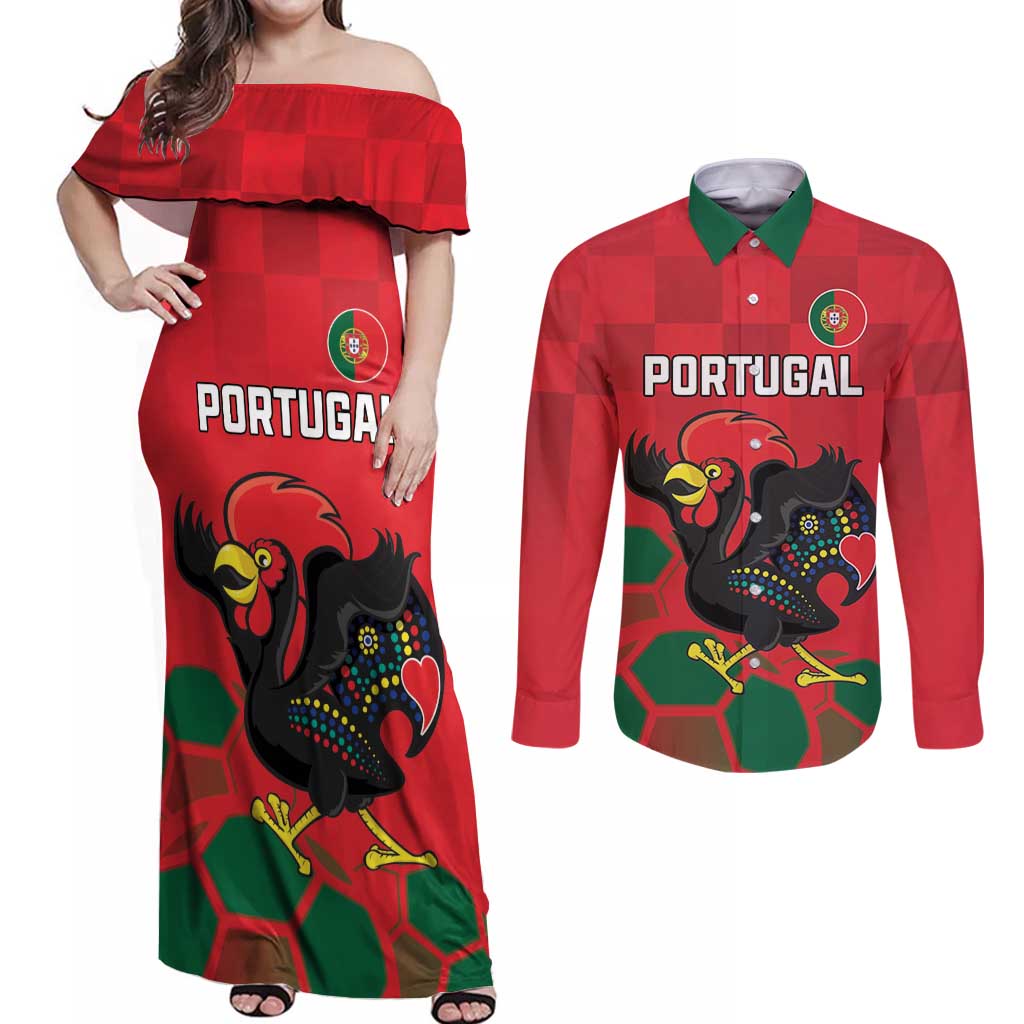 Custom Portugal Football Couples Matching Off Shoulder Maxi Dress and Long Sleeve Button Shirt Barcelos Rooster Mascot Dynamic Style