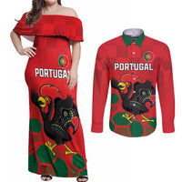 Custom Portugal Football Couples Matching Off Shoulder Maxi Dress and Long Sleeve Button Shirt Barcelos Rooster Mascot Dynamic Style