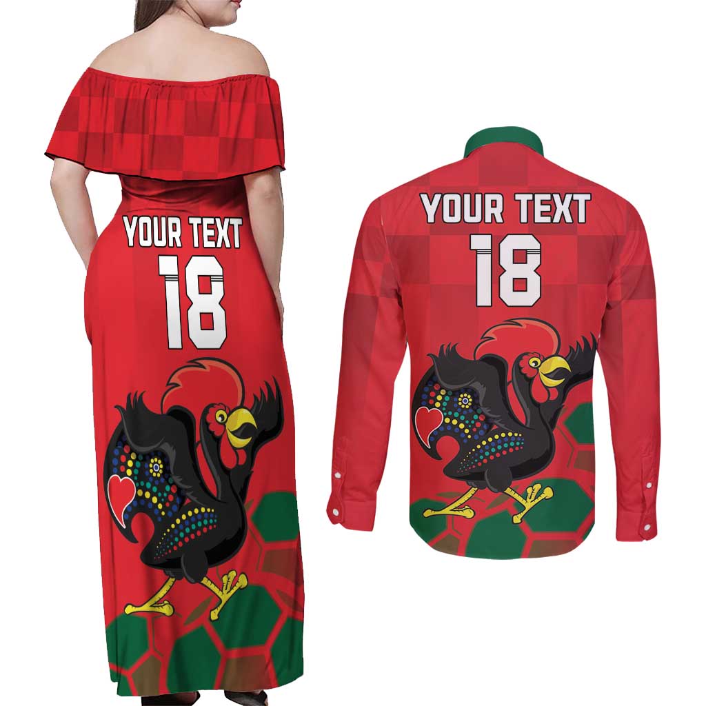 Custom Portugal Football Couples Matching Off Shoulder Maxi Dress and Long Sleeve Button Shirt Barcelos Rooster Mascot Dynamic Style
