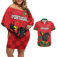 Custom Portugal Football Couples Matching Off Shoulder Short Dress and Hawaiian Shirt Barcelos Rooster Mascot Dynamic Style