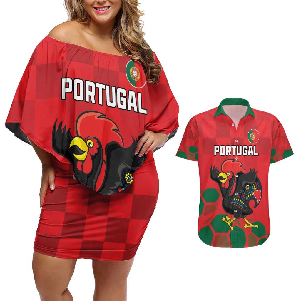 Custom Portugal Football Couples Matching Off Shoulder Short Dress and Hawaiian Shirt Barcelos Rooster Mascot Dynamic Style LT18