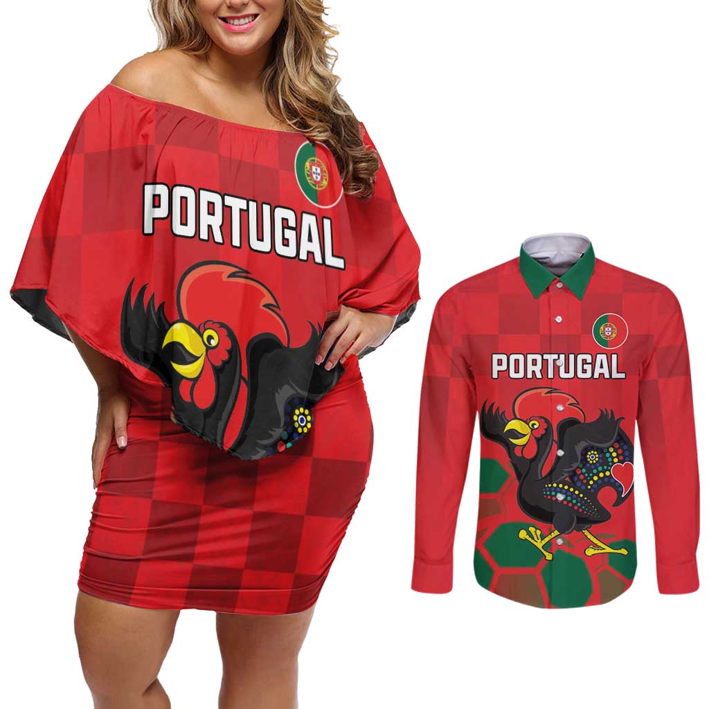 Custom Portugal Football Couples Matching Off Shoulder Short Dress and Long Sleeve Button Shirt Barcelos Rooster Mascot Dynamic Style