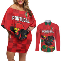 Custom Portugal Football Couples Matching Off Shoulder Short Dress and Long Sleeve Button Shirt Barcelos Rooster Mascot Dynamic Style