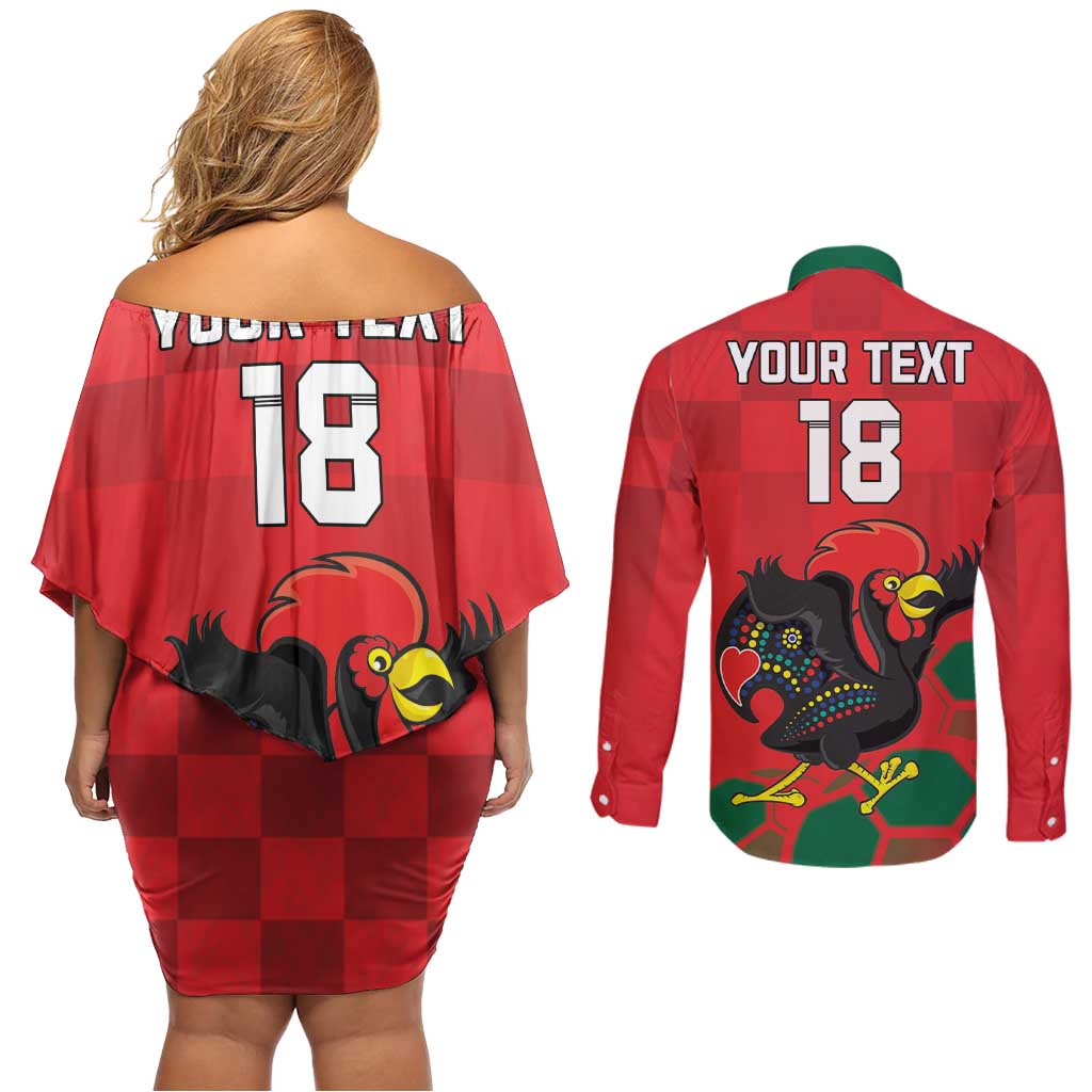Custom Portugal Football Couples Matching Off Shoulder Short Dress and Long Sleeve Button Shirt Barcelos Rooster Mascot Dynamic Style