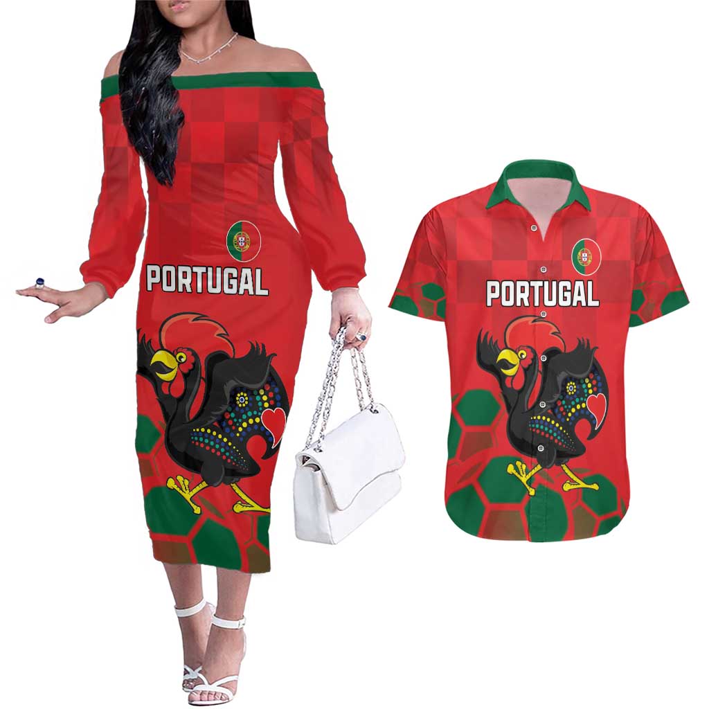 Custom Portugal Football Couples Matching Off The Shoulder Long Sleeve Dress and Hawaiian Shirt Barcelos Rooster Mascot Dynamic Style