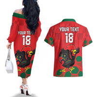 Custom Portugal Football Couples Matching Off The Shoulder Long Sleeve Dress and Hawaiian Shirt Barcelos Rooster Mascot Dynamic Style