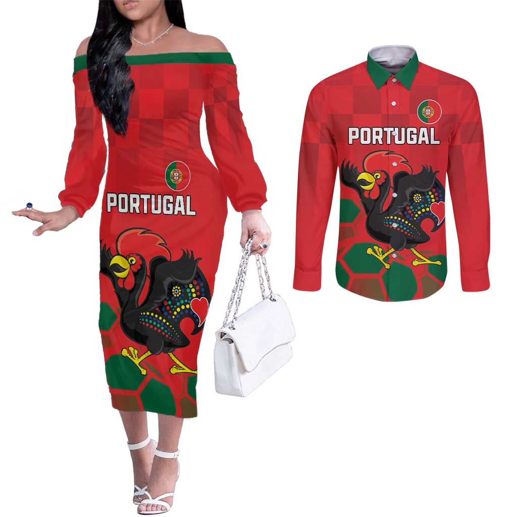 Custom Portugal Football Couples Matching Off The Shoulder Long Sleeve Dress and Long Sleeve Button Shirt Barcelos Rooster Mascot Dynamic Style