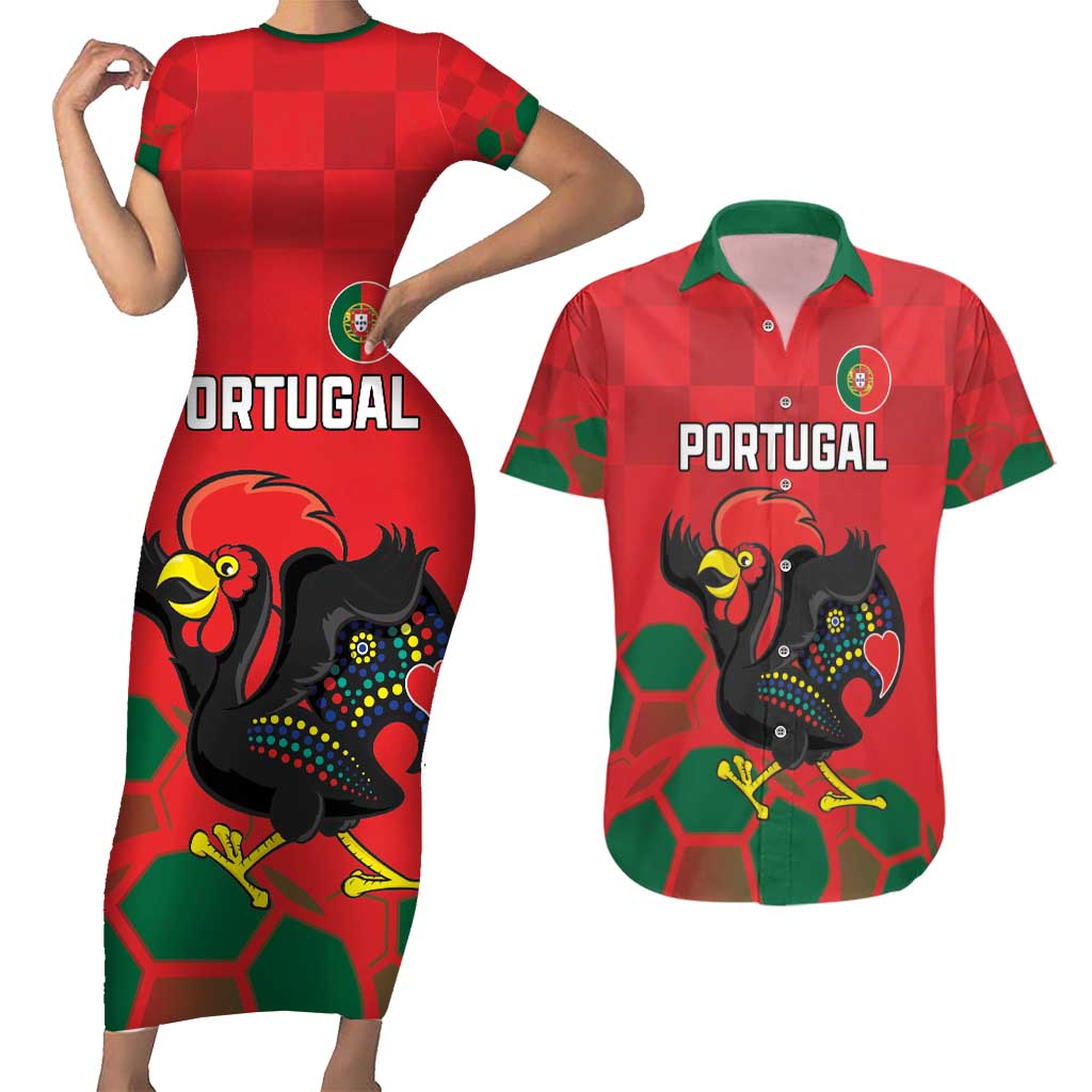 Custom Portugal Football Couples Matching Short Sleeve Bodycon Dress and Hawaiian Shirt Barcelos Rooster Mascot Dynamic Style
