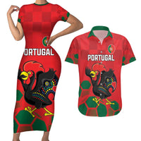 Custom Portugal Football Couples Matching Short Sleeve Bodycon Dress and Hawaiian Shirt Barcelos Rooster Mascot Dynamic Style