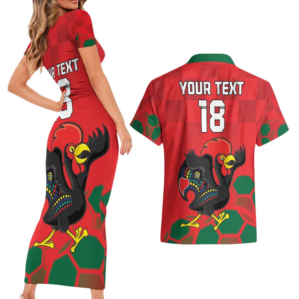 Custom Portugal Football Couples Matching Short Sleeve Bodycon Dress and Hawaiian Shirt Barcelos Rooster Mascot Dynamic Style