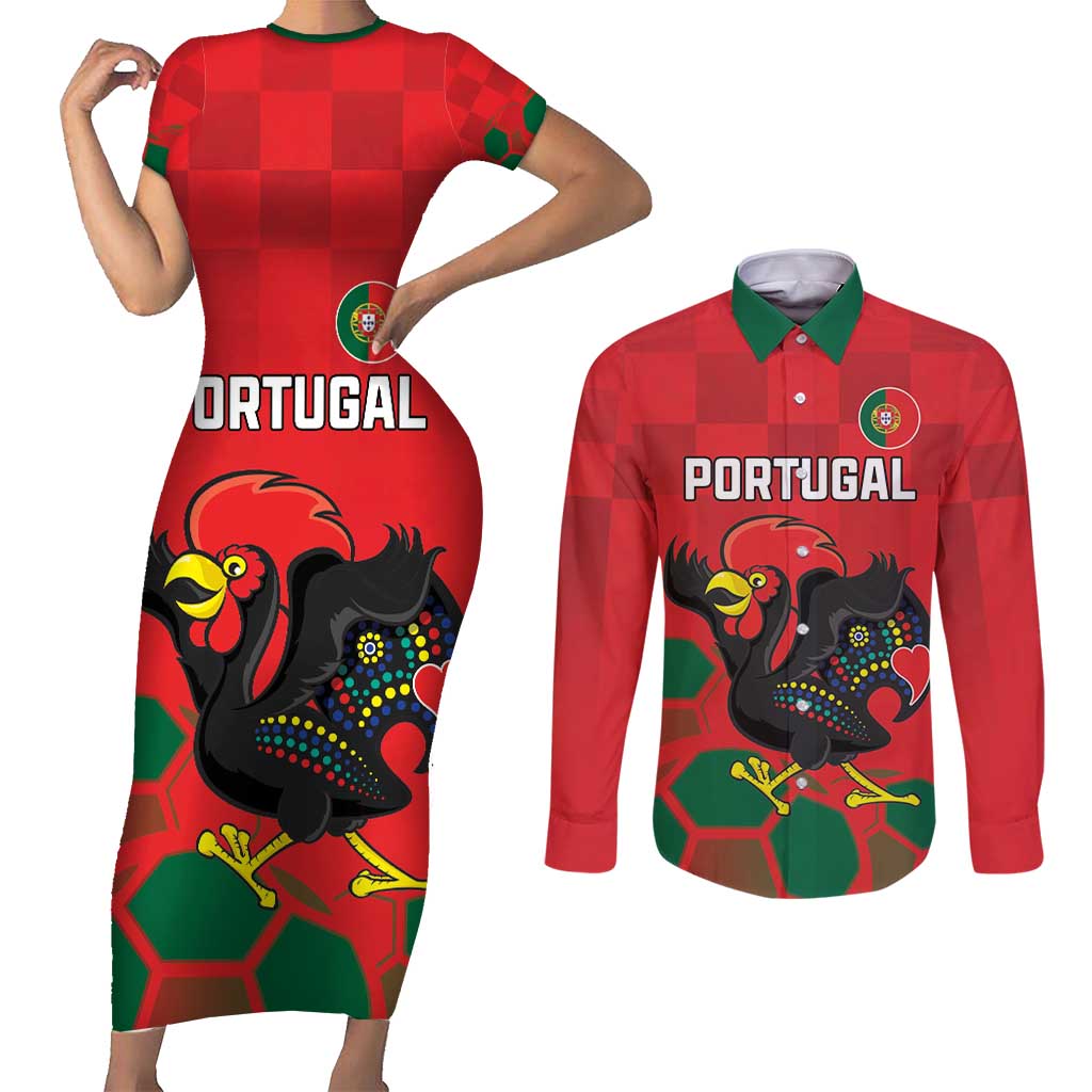 Custom Portugal Football Couples Matching Short Sleeve Bodycon Dress and Long Sleeve Button Shirt Barcelos Rooster Mascot Dynamic Style