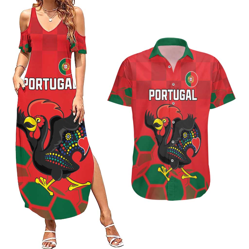 Custom Portugal Football Couples Matching Summer Maxi Dress and Hawaiian Shirt Barcelos Rooster Mascot Dynamic Style