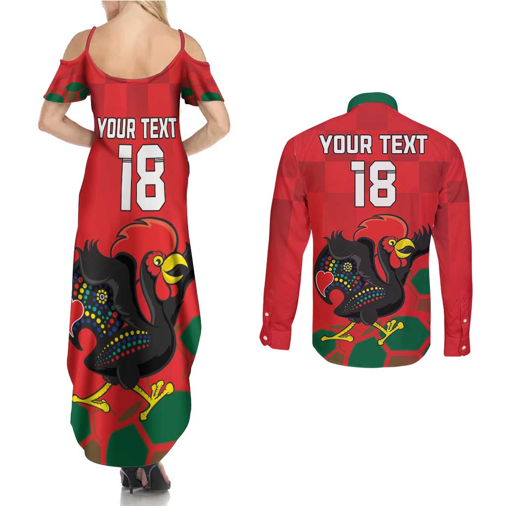 Custom Portugal Football Couples Matching Summer Maxi Dress and Long Sleeve Button Shirt Barcelos Rooster Mascot Dynamic Style
