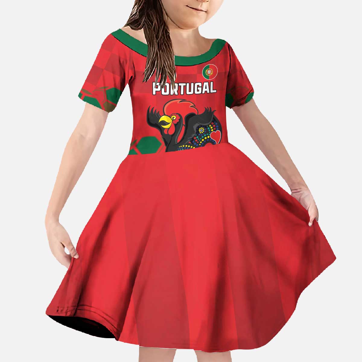 Custom Portugal Football Family Matching Off The Shoulder Long Sleeve Dress and Hawaiian Shirt Barcelos Rooster Mascot Dynamic Style