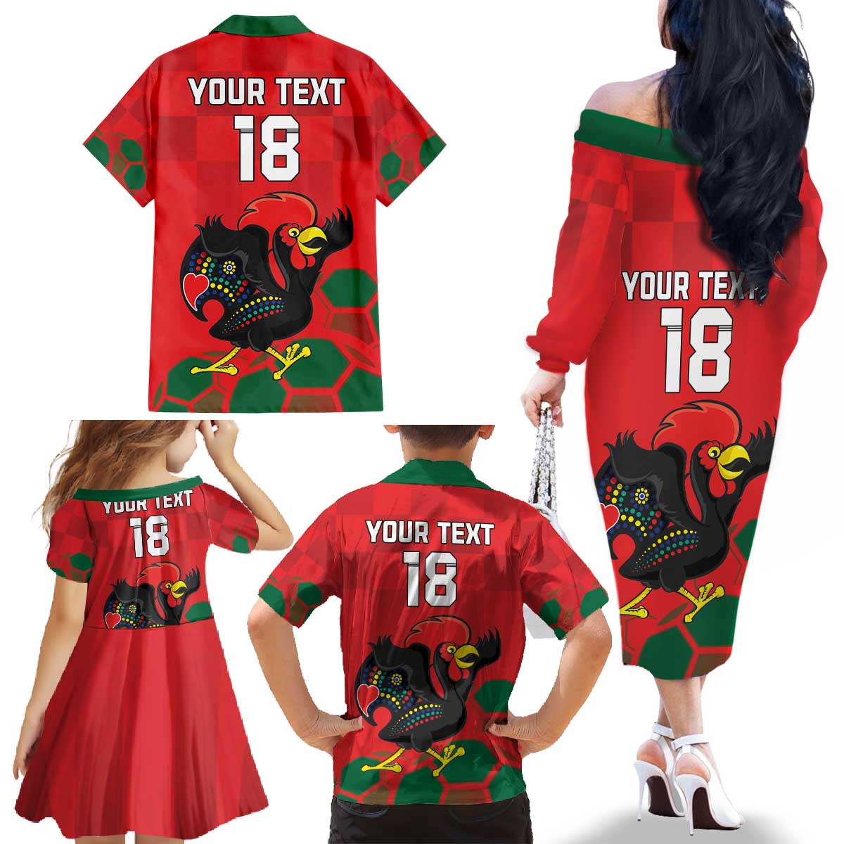 Custom Portugal Football Family Matching Off The Shoulder Long Sleeve Dress and Hawaiian Shirt Barcelos Rooster Mascot Dynamic Style