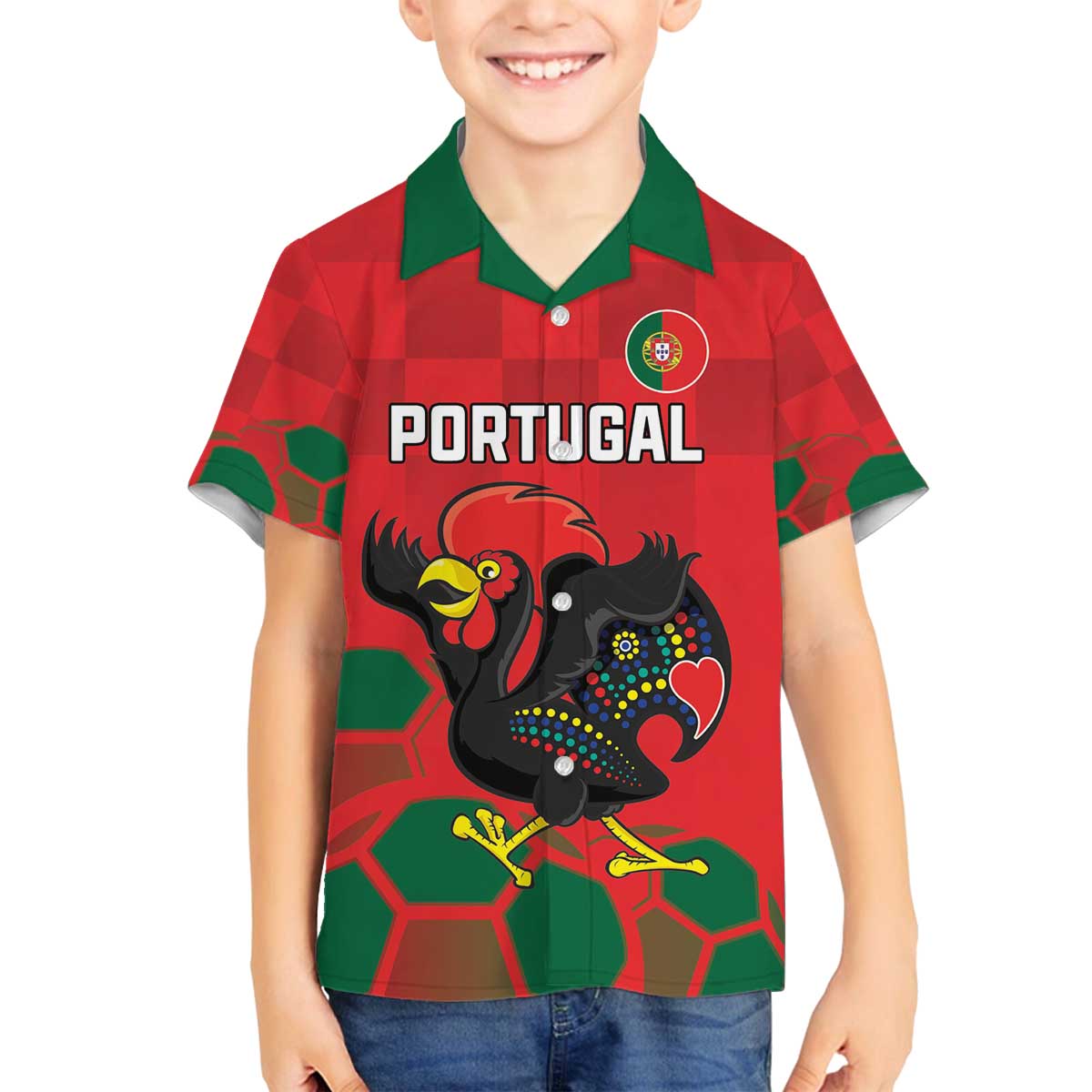 Custom Portugal Football Family Matching Off The Shoulder Long Sleeve Dress and Hawaiian Shirt Barcelos Rooster Mascot Dynamic Style