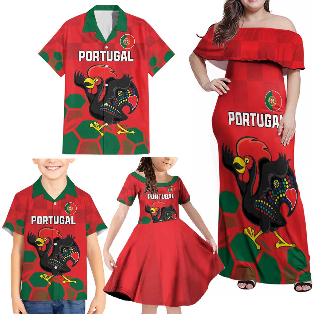 Custom Portugal Football Family Matching Off Shoulder Maxi Dress and Hawaiian Shirt Barcelos Rooster Mascot Dynamic Style