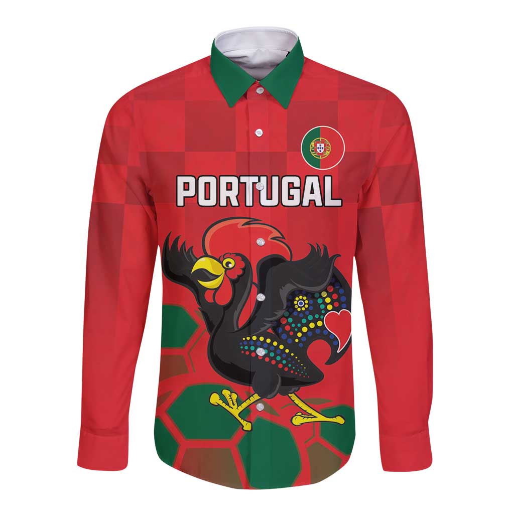 Custom Portugal Football Long Sleeve Button Shirt Barcelos Rooster Mascot Dynamic Style