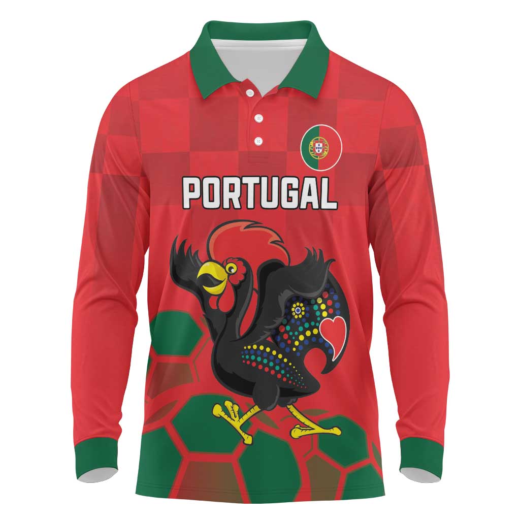 Custom Portugal Football Long Sleeve Polo Shirt Barcelos Rooster Mascot Dynamic Style