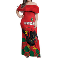 Custom Portugal Football Off Shoulder Maxi Dress Barcelos Rooster Mascot Dynamic Style