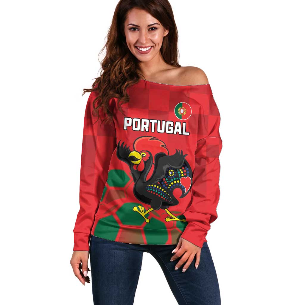 Custom Portugal Football Off Shoulder Sweater Barcelos Rooster Mascot Dynamic Style