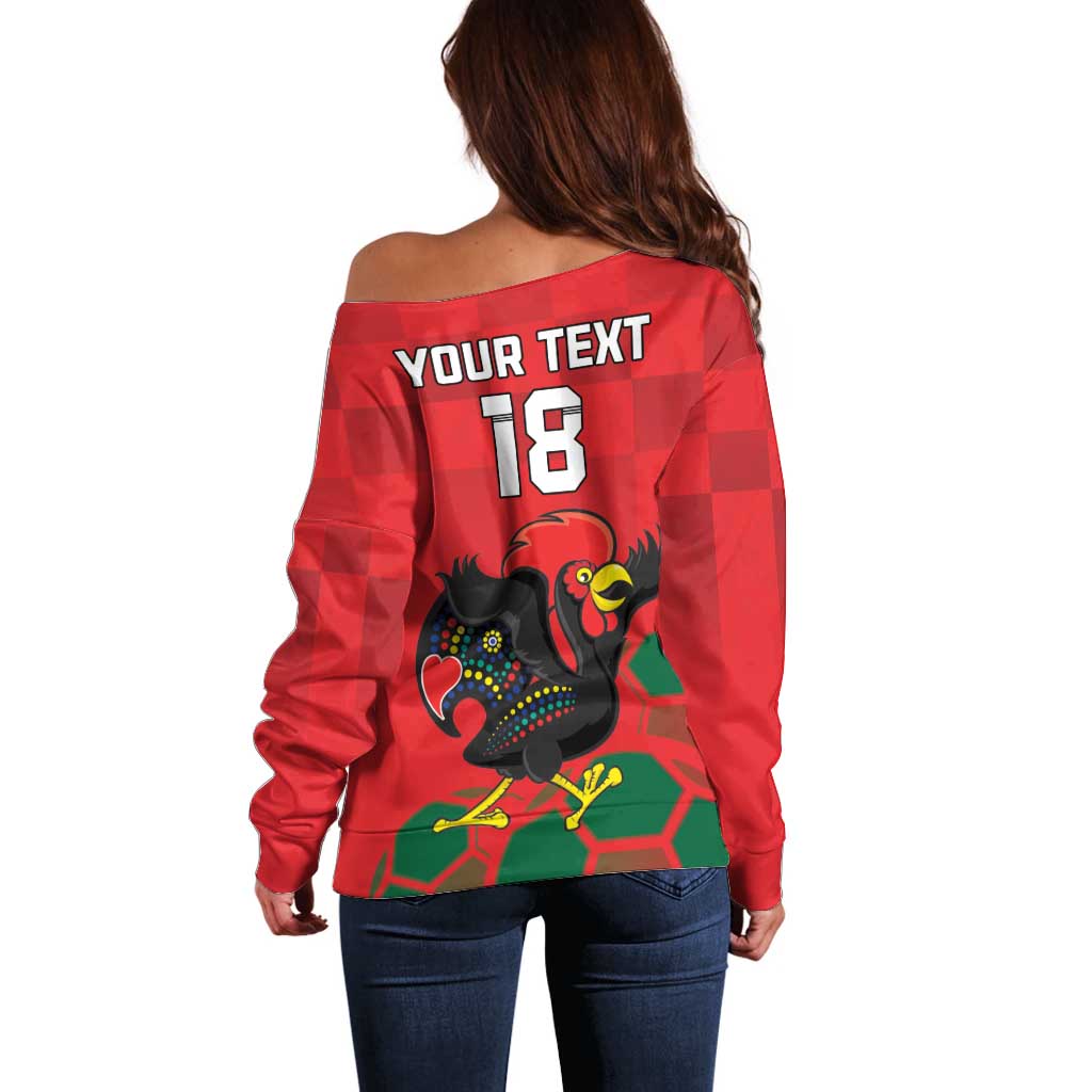 Custom Portugal Football Off Shoulder Sweater Barcelos Rooster Mascot Dynamic Style
