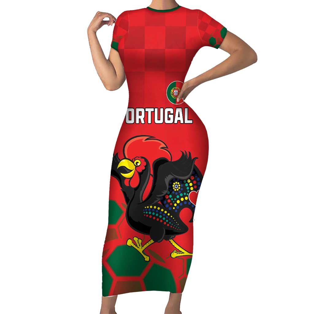 Custom Portugal Football Short Sleeve Bodycon Dress Barcelos Rooster Mascot Dynamic Style