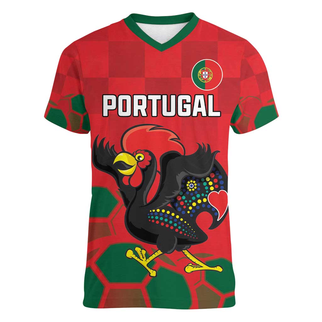 Custom Portugal Football Women V-Neck T-Shirt Barcelos Rooster Mascot Dynamic Style