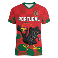 Custom Portugal Football Women V-Neck T-Shirt Barcelos Rooster Mascot Dynamic Style