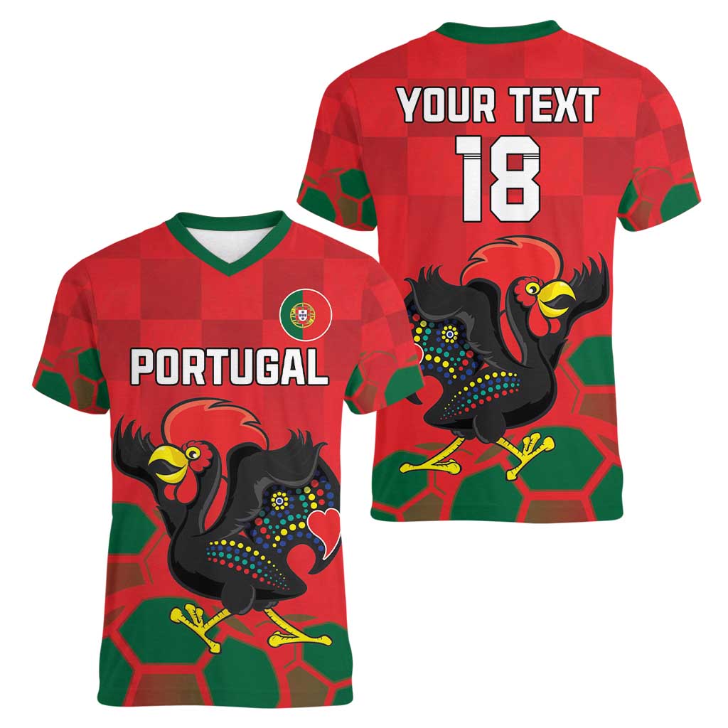 Custom Portugal Football Women V-Neck T-Shirt Barcelos Rooster Mascot Dynamic Style