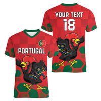 Custom Portugal Football Women V-Neck T-Shirt Barcelos Rooster Mascot Dynamic Style