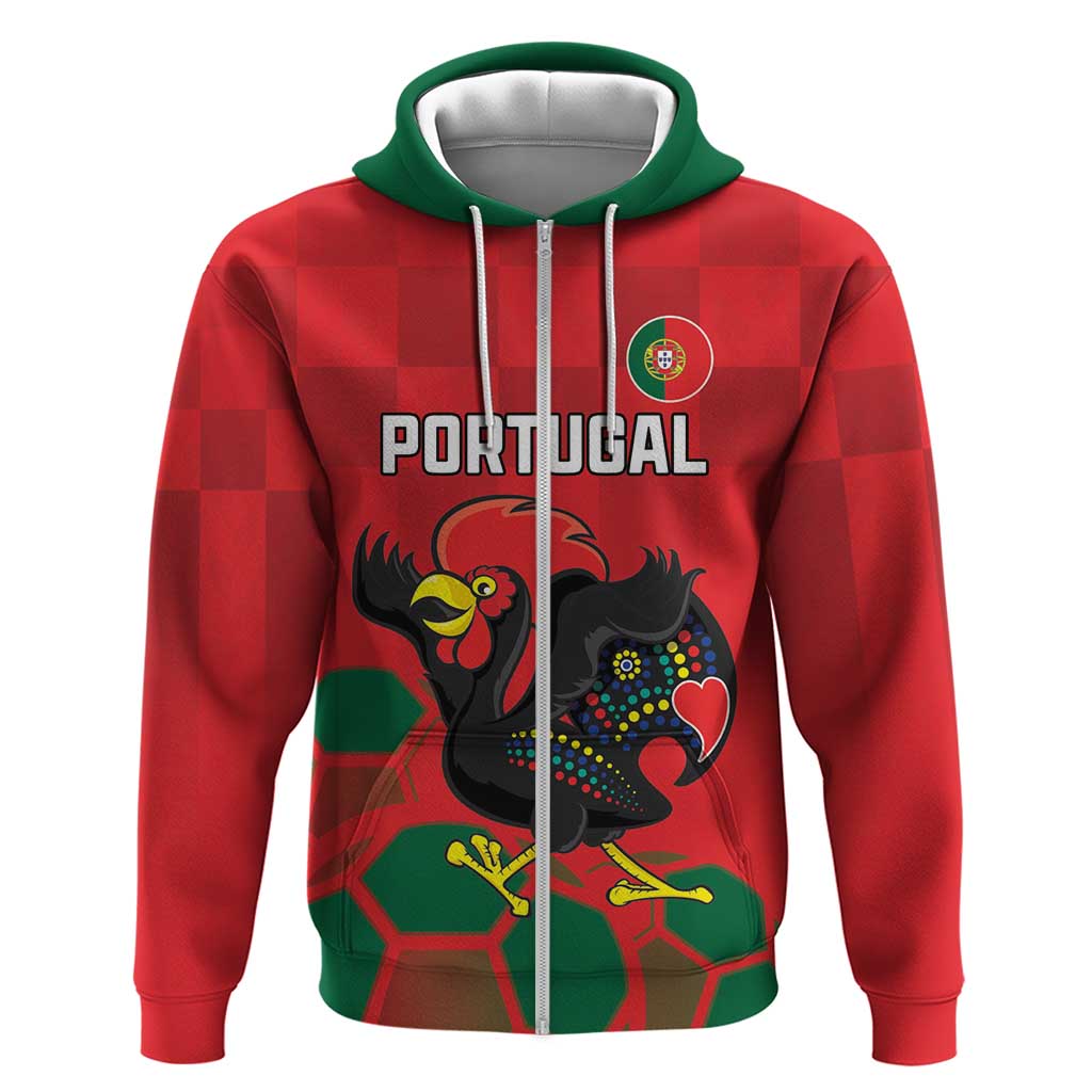 Custom Portugal Football Zip Hoodie Barcelos Rooster Mascot Dynamic Style