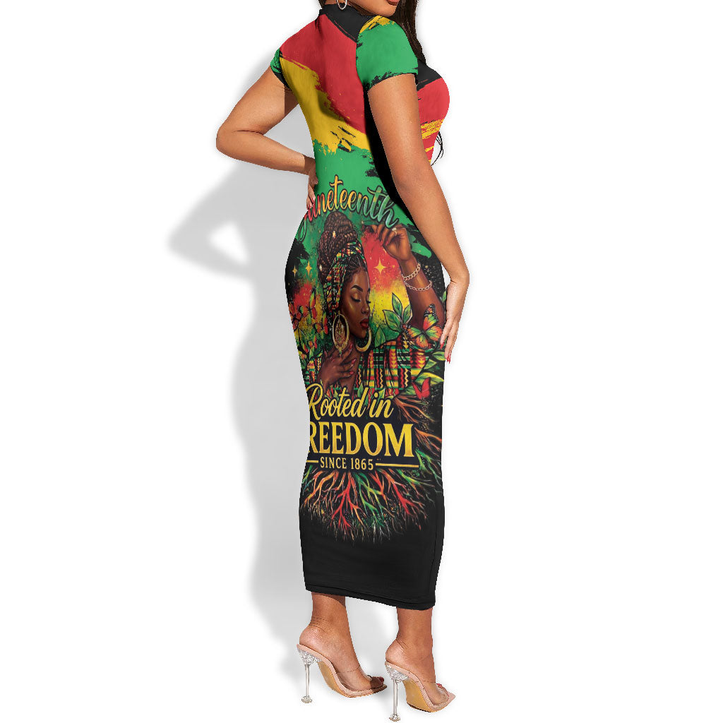 Juneteenth Rooted in Freedom Short Sleeve Bodycon Dress Black Pride African Queen
