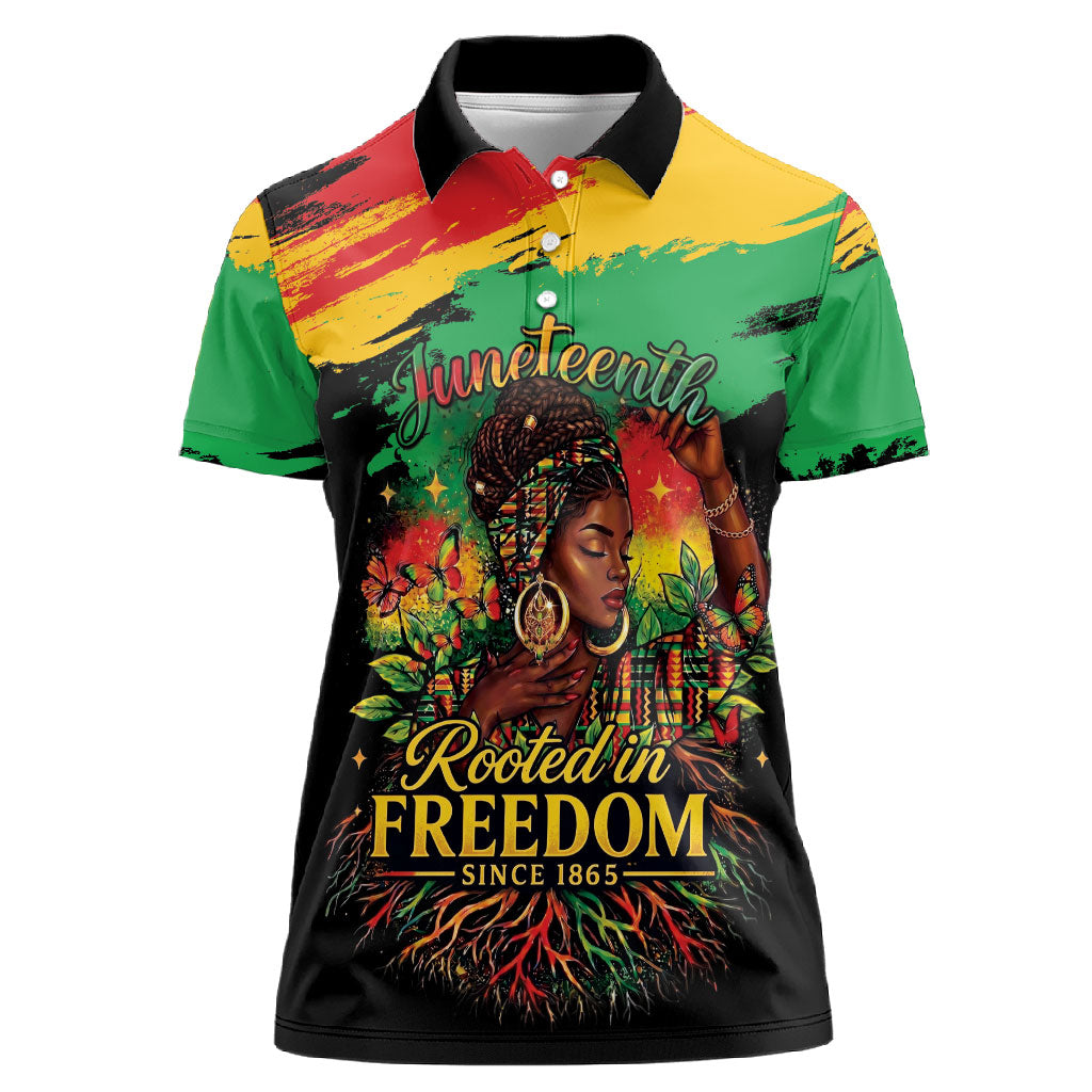 Juneteenth Rooted in Freedom Women Polo Shirt Black Pride African Queen