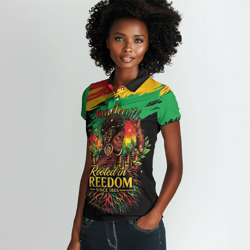 Juneteenth Rooted in Freedom Women Polo Shirt Black Pride African Queen