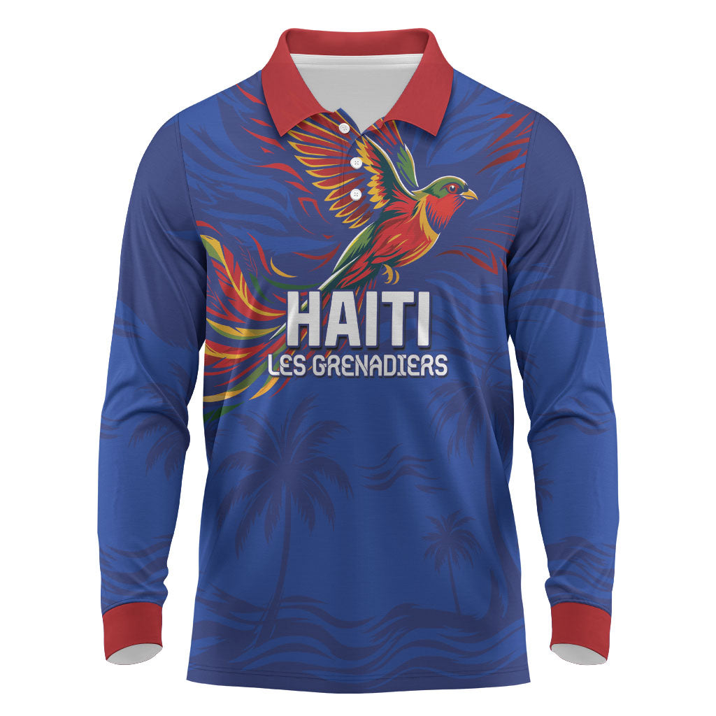 Haiti Heritage Football 2026 Custom Long Sleeve Polo Shirt Hispaniolan Trogon Bird