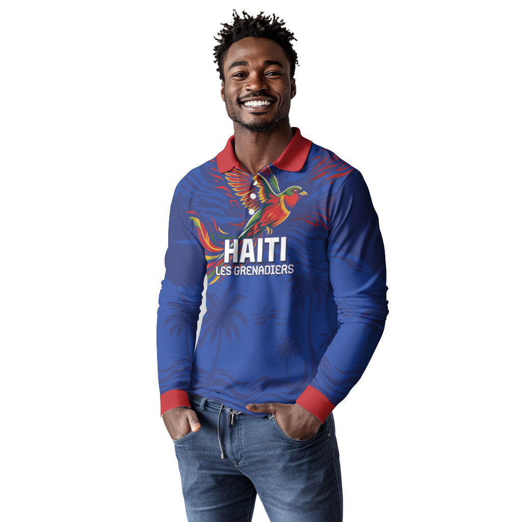 Haiti Heritage Football 2026 Custom Long Sleeve Polo Shirt Hispaniolan Trogon Bird