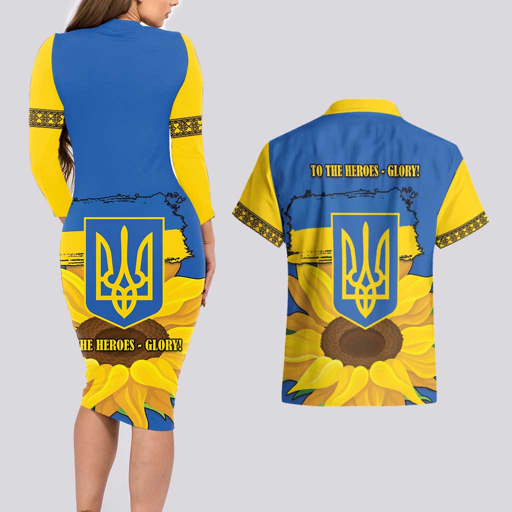 Ukraine Sunflower Peace Sign Couples Matching Long Sleeve Bodycon Dress and Hawaiian Shirt With Folk Patterns - Wonder Print Shop