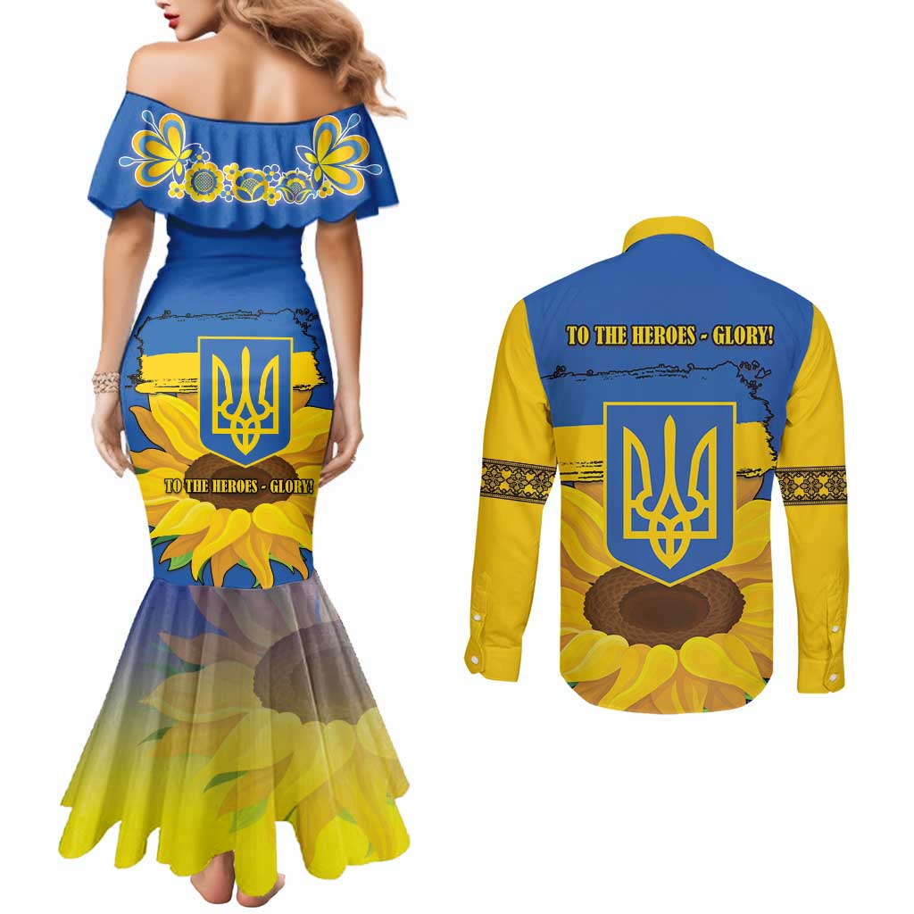 Ukraine Sunflower Peace Sign Couples Matching Mermaid Dress and Long Sleeve Button Shirt With Folk Patterns