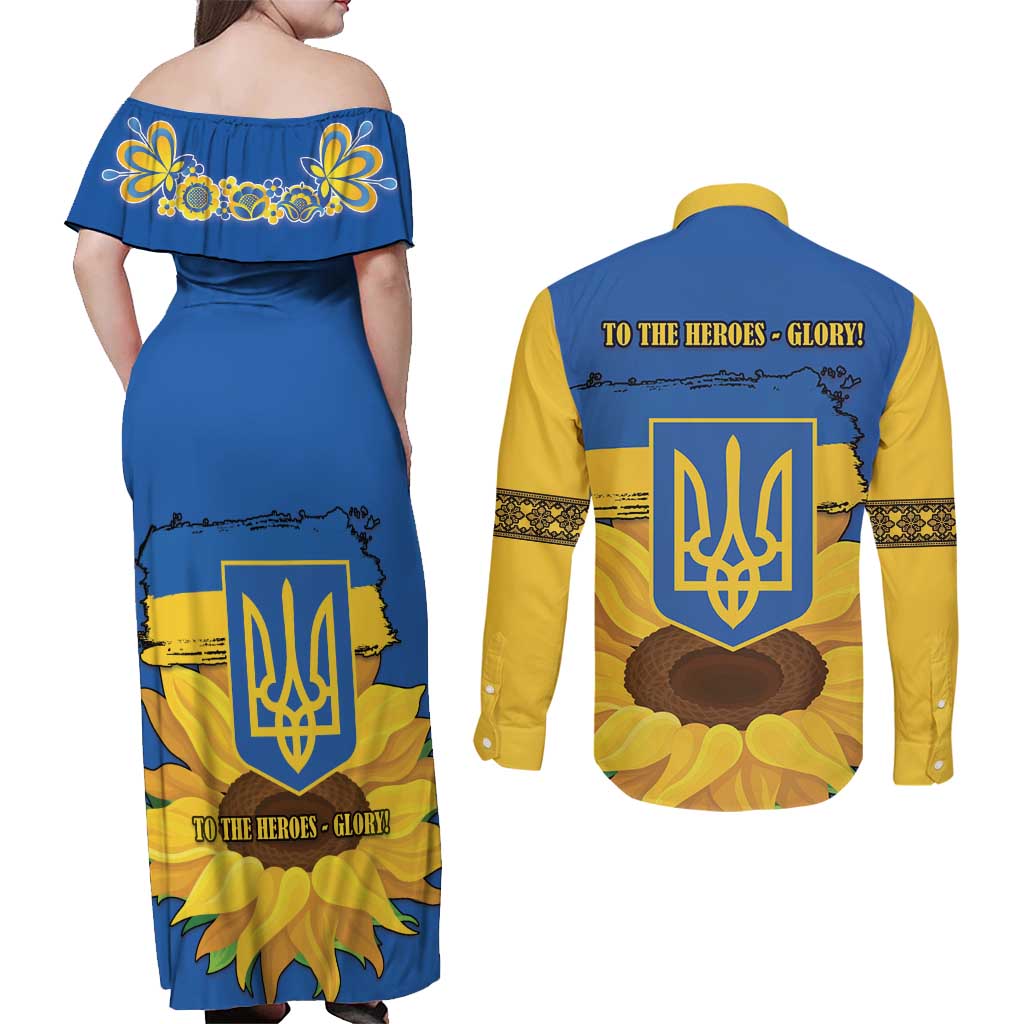 Ukraine Sunflower Peace Sign Couples Matching Off Shoulder Maxi Dress and Long Sleeve Button Shirt With Folk Patterns - Wonder Print Shop