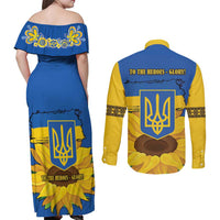 Ukraine Sunflower Peace Sign Couples Matching Off Shoulder Maxi Dress and Long Sleeve Button Shirt With Folk Patterns - Wonder Print Shop