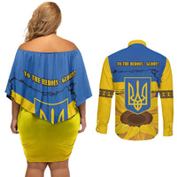 Ukraine Sunflower Peace Sign Couples Matching Off Shoulder Short Dress and Long Sleeve Button Shirt With Folk Patterns - Wonder Print Shop