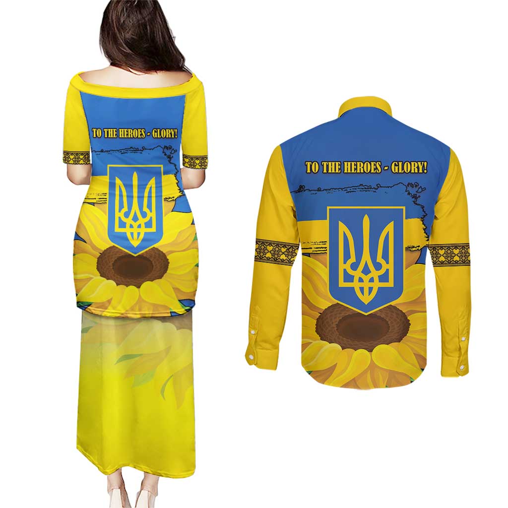 Ukraine Sunflower Peace Sign Couples Matching Puletasi and Long Sleeve Button Shirt With Folk Patterns - Wonder Print Shop