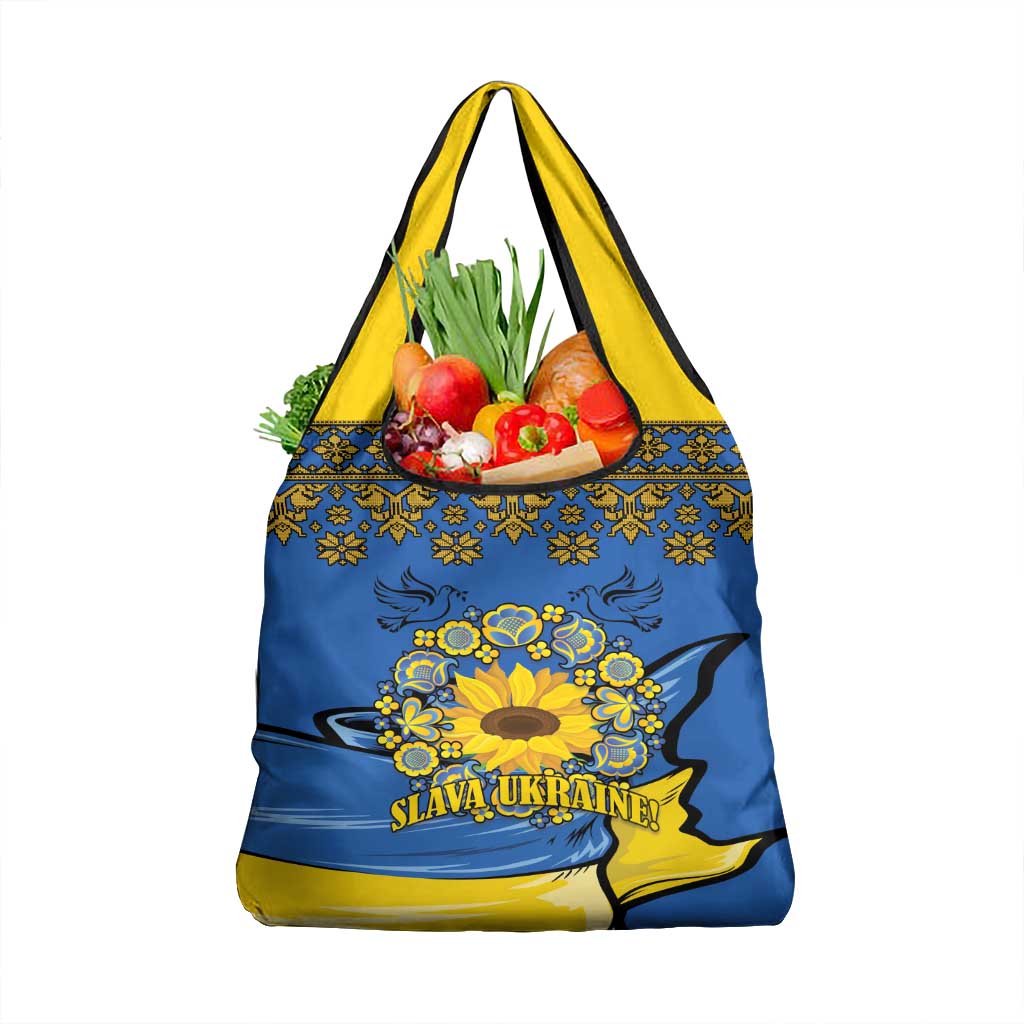 Ukraine Sunflower Peace Sign Grocery Bag With Folk Patterns