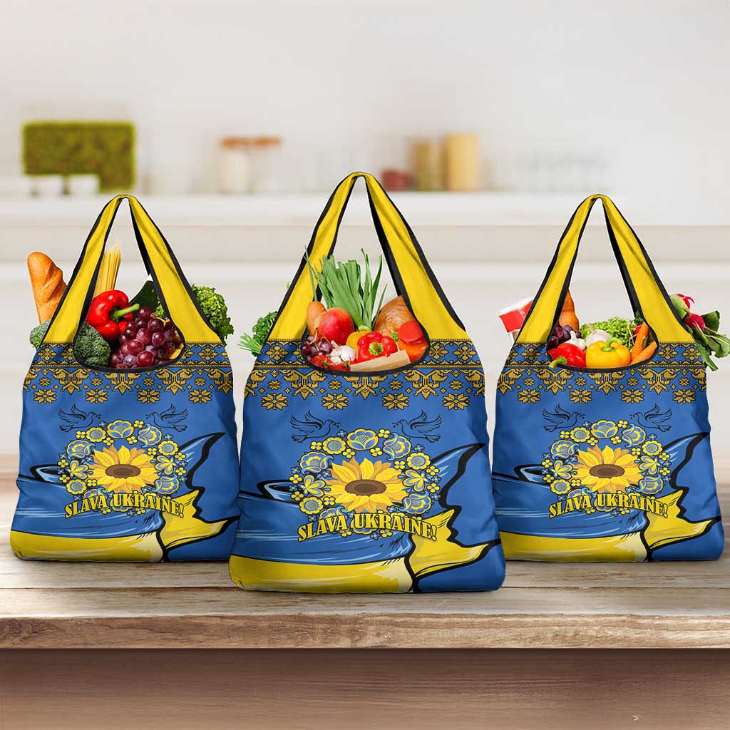 Ukraine Sunflower Peace Sign Grocery Bag With Folk Patterns