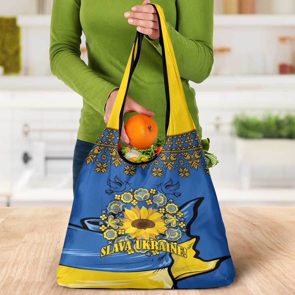 Ukraine Sunflower Peace Sign Grocery Bag With Folk Patterns