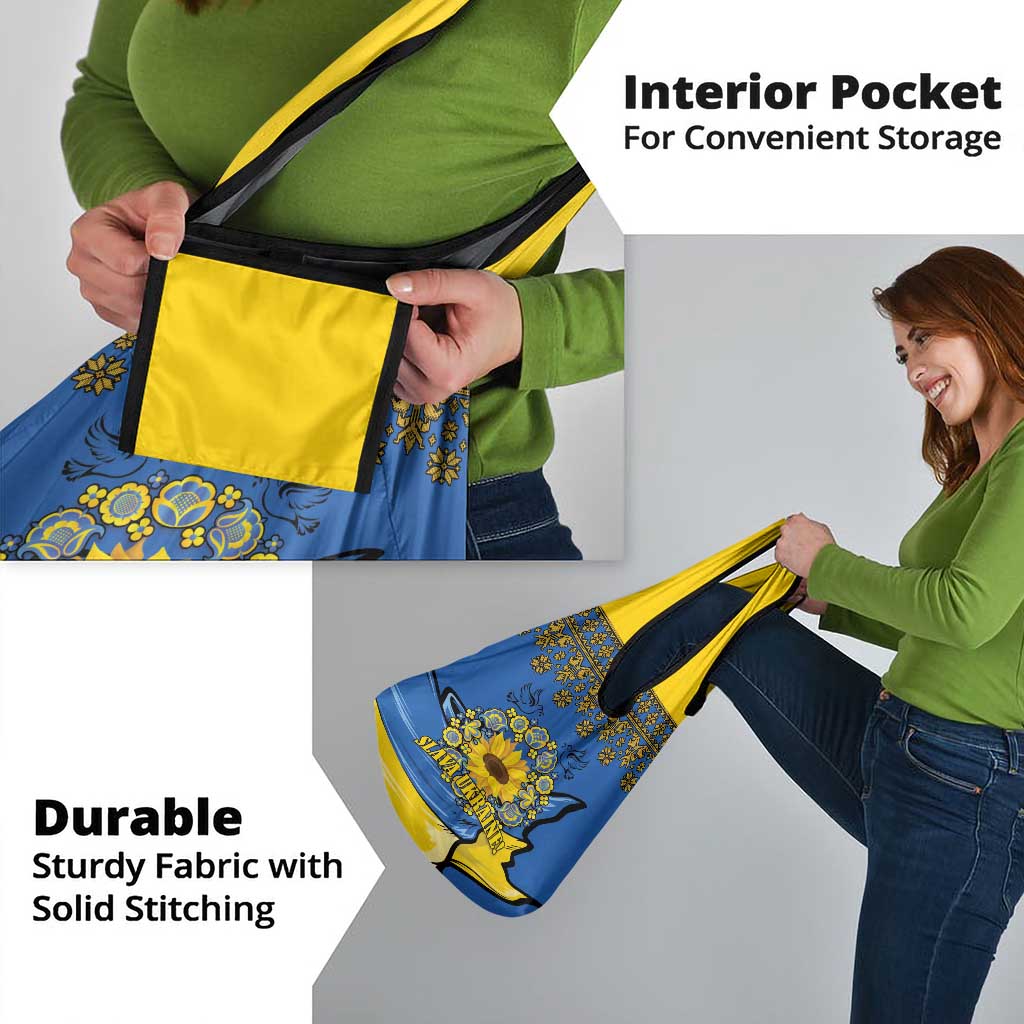 Ukraine Sunflower Peace Sign Grocery Bag With Folk Patterns