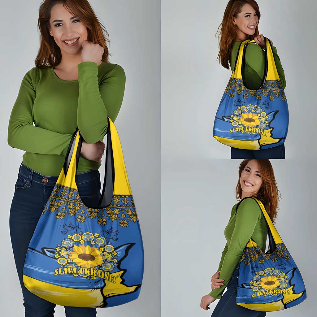 Ukraine Sunflower Peace Sign Grocery Bag With Folk Patterns