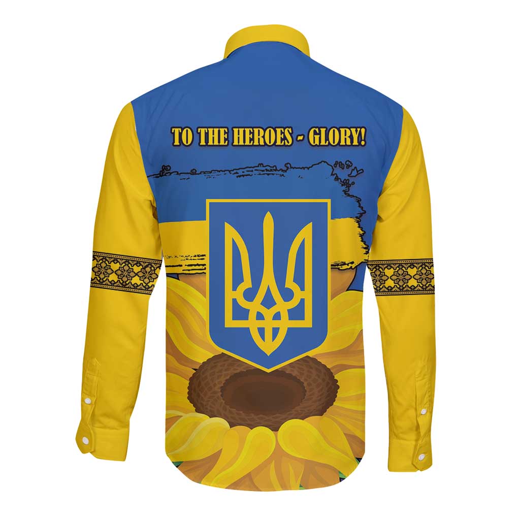Ukraine Sunflower Peace Sign Long Sleeve Button Shirt With Folk Patterns - Wonder Print Shop